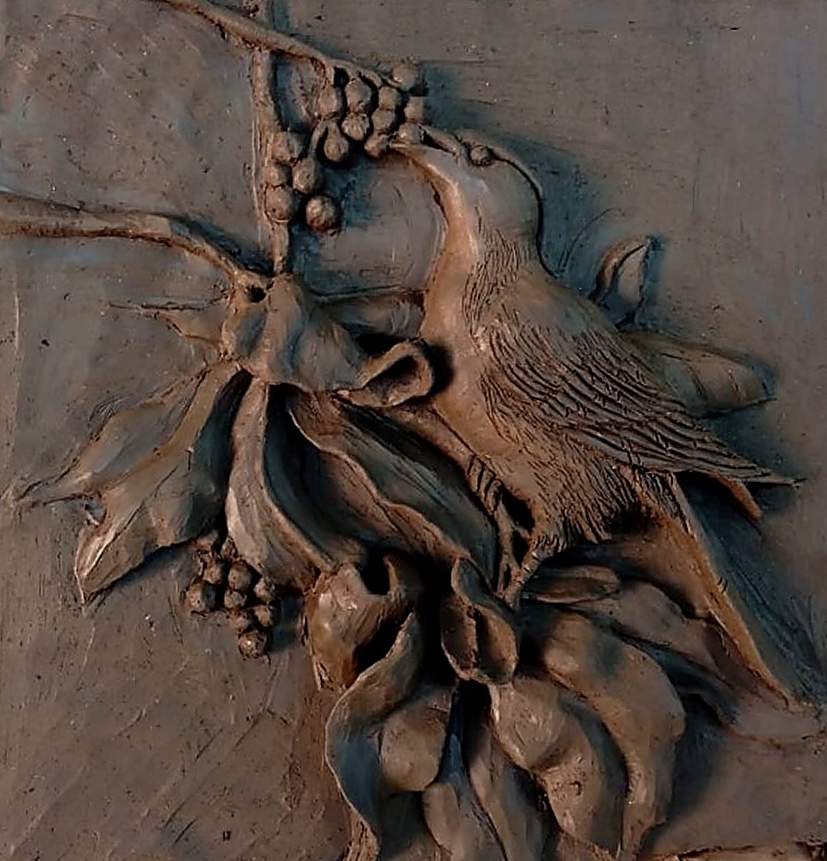 Bird and Foliage Relief — completed clay relief panel