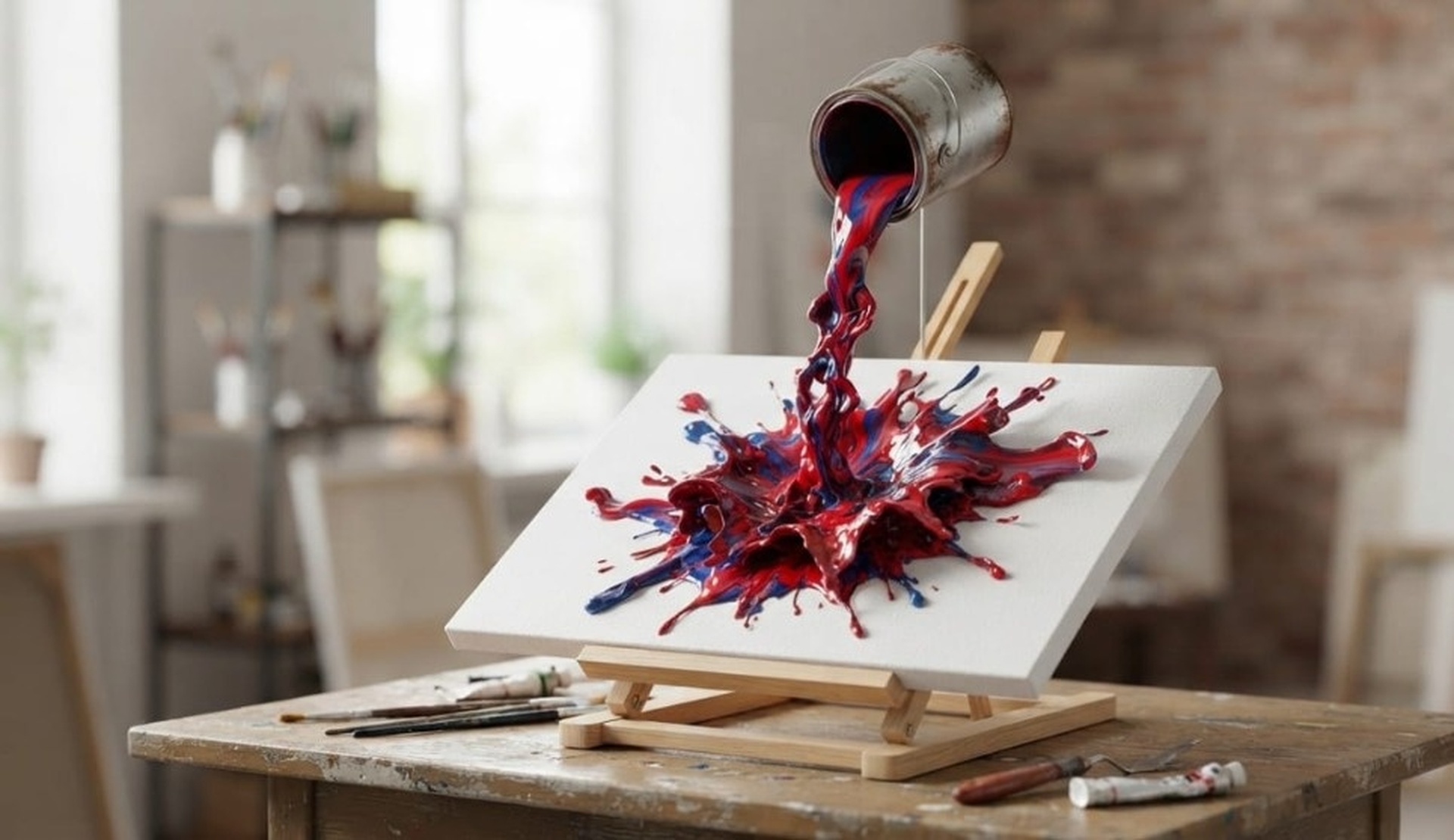 Photorealistic 3D concept render of The Frozen Liquidity — suspended paint can pouring acrylic onto canvas on studio easel