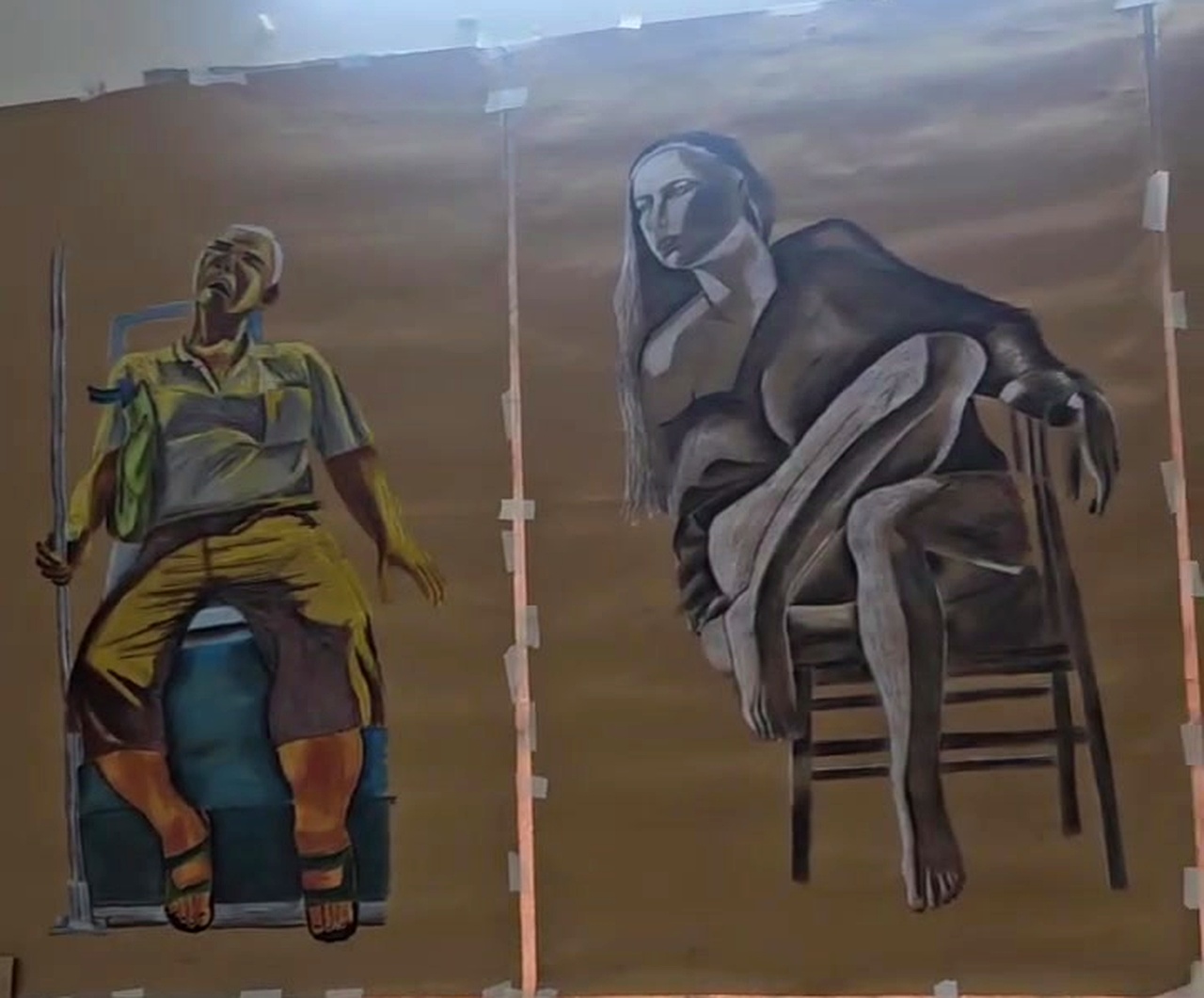 Academic Life Studies on Toned Paper — panoramic exhibition wall view